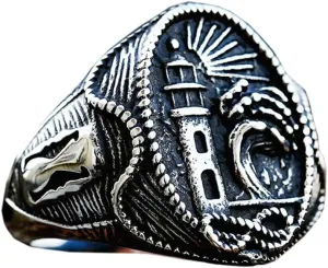 PAURO Men's Stainless Steel Lighthouse Vintage Classic Round Signet Ring Cool Engagement Marriage Band
