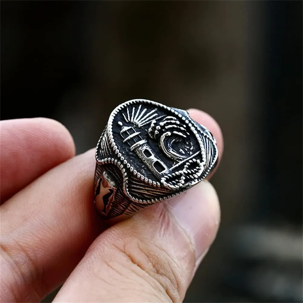 PAURO Men's Stainless Steel Lighthouse Vintage Classic Round Signet Ring Cool Engagement Marriage Band