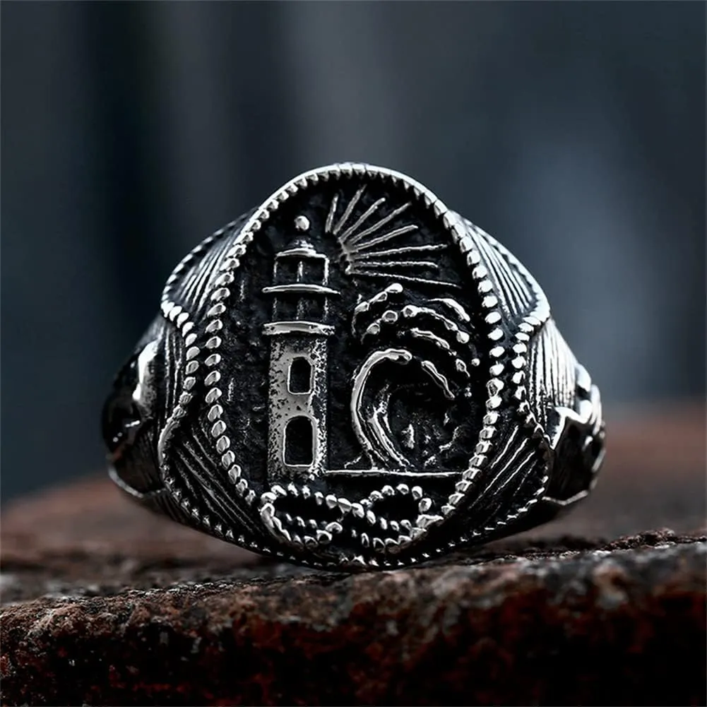 PAURO Men's Stainless Steel Lighthouse Vintage Classic Round Signet Ring Cool Engagement Marriage Band