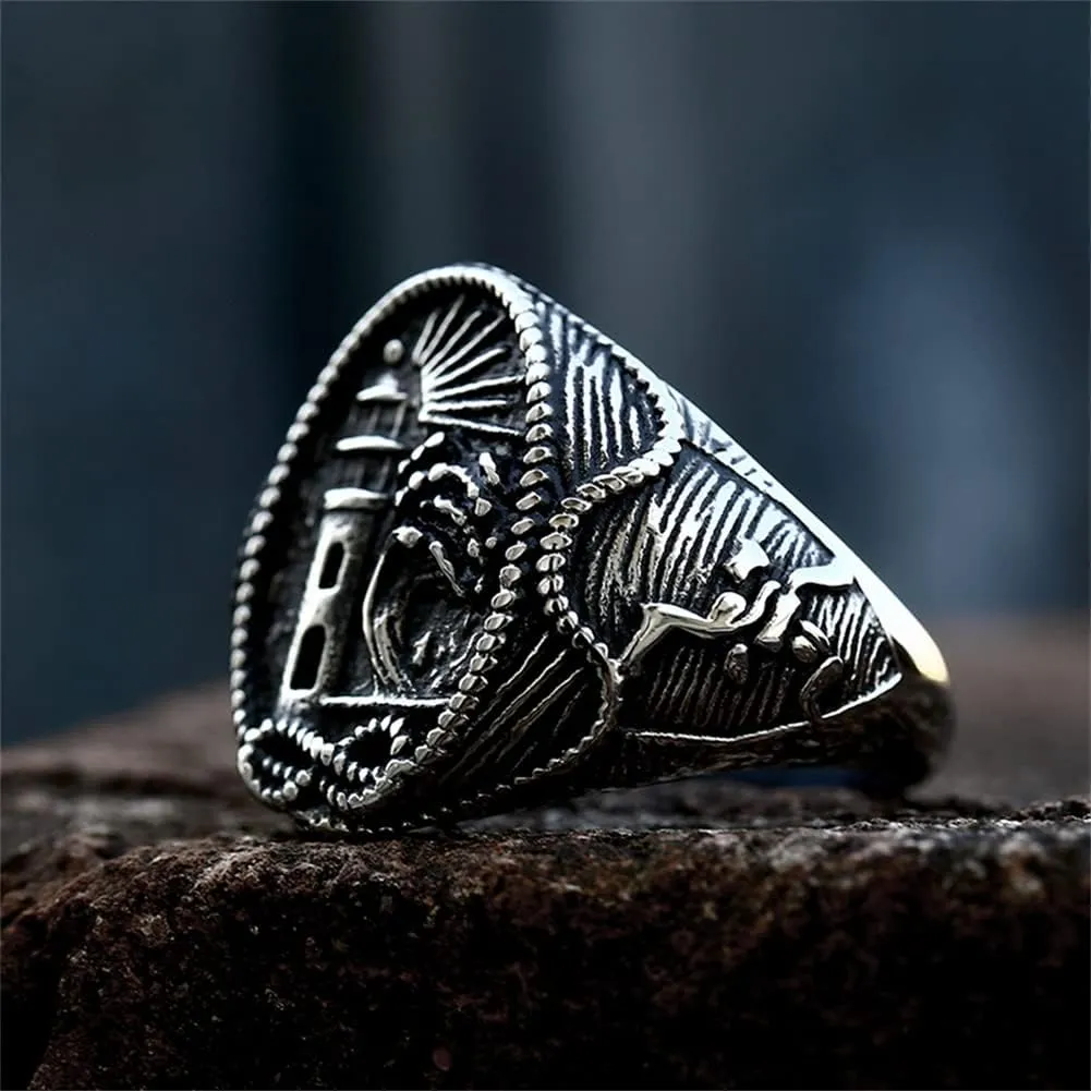 PAURO Men's Stainless Steel Lighthouse Vintage Classic Round Signet Ring Cool Engagement Marriage Band