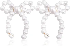 Pearl Bow Earrings for Women,18K Gold Plated Dainty Knot Bow Dangle Earrings Gold Pearl Stud Jewelry Gifts