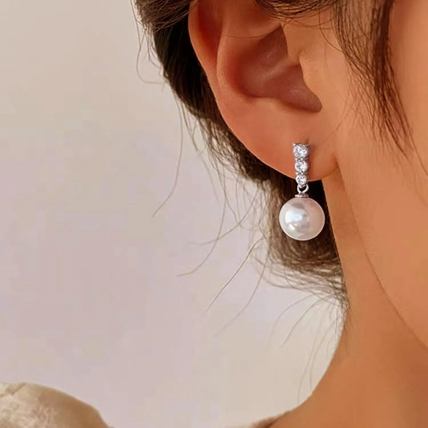 Pearl Earrings for Women Dainty 925 Sterling Silver Dangle Drop Earrings with 5A Cubic Zirconia Pearl Drop Earring Big Bridal Hoop Wedding Birthday 2025 Graduation Season Gift Jewelry for Her
