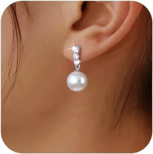 Pearl Earrings for Women Dainty 925 Sterling Silver Dangle Drop Earrings with 5A Cubic Zirconia Pearl Drop Earring Big Bridal Hoop Wedding Birthday 2025 Graduation Season Gift Jewelry for Her