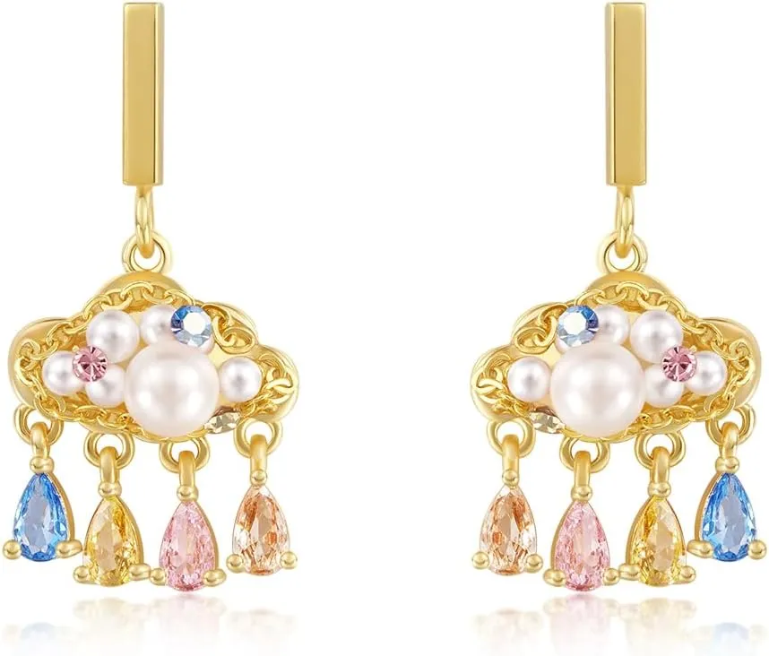 Pearl Earrings For Women, Sterling Silver Post Bohemian Rainbow Cloud Pearl & CZ Tassel Dangle Drop Earrings For Women Teen Girls, Chandelier Earrings Jewelry for Gift for Her, Gift Box