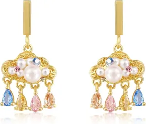 Pearl Earrings For Women, Sterling Silver Post Bohemian Rainbow Cloud Pearl & CZ Tassel Dangle Drop Earrings For Women Teen Girls, Chandelier Earrings Jewelry for Gift for Her, Gift Box