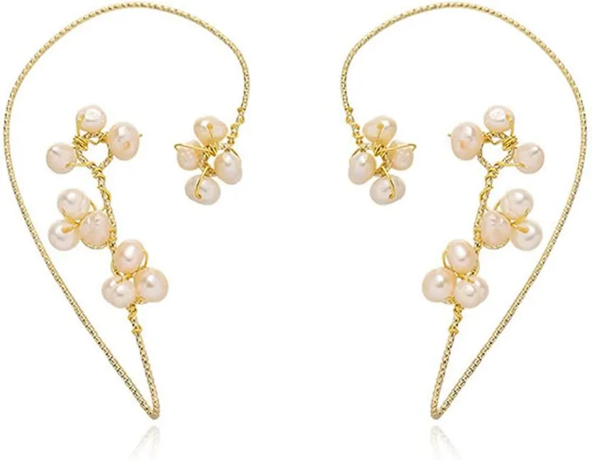 Pearl Flower Ear Cuff Earrings Women Non Piercing Gold Aesthetic Trendy Boho Dainty Cute Ear Cuffs Wrap Crawler Climber Hook Clip On Earrings For Non Pierced