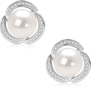 Pearl Stud Earrings for Women 14K Gold Plated Freshwater Cultured White Pearl with Cubic Zirconia Anniversary Birthday Mother Day Jewelry Gifts for Her