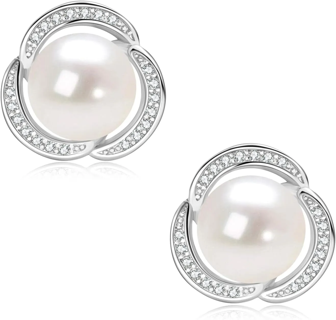Pearl Stud Earrings for Women 14K Gold Plated Freshwater Cultured White Pearl with Cubic Zirconia Anniversary Birthday Mother Day Jewelry Gifts for Her