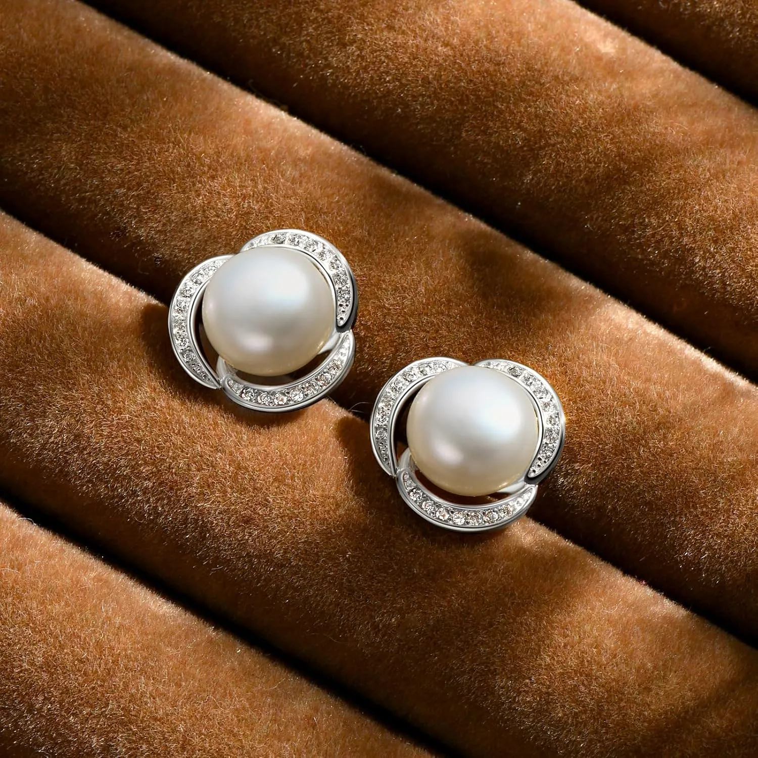 Pearl Stud Earrings for Women 14K Gold Plated Freshwater Cultured White Pearl with Cubic Zirconia Anniversary Birthday Mother Day Jewelry Gifts for Her