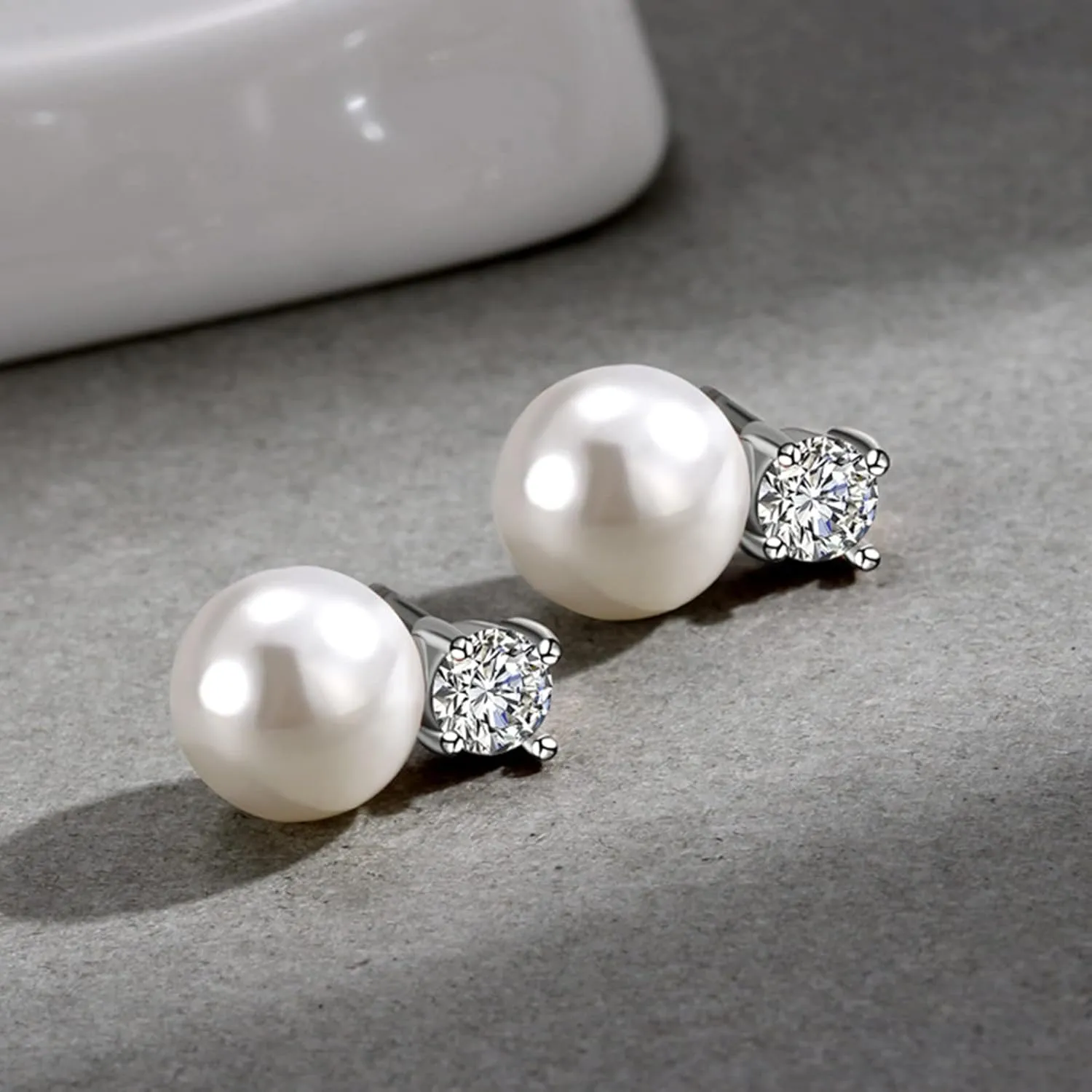 Pearl Stud Earrings for Women June Birthstone Freshwater Cultured/Shell White Pearl Drop Silver Earrings with Cubic Zirconia Wedding Jewelry Gifts for Bride