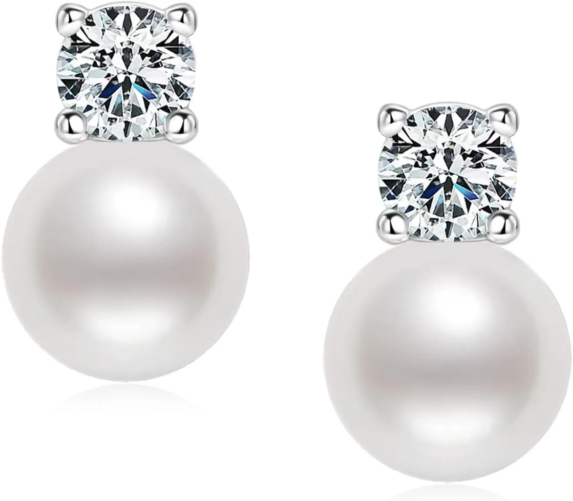 Pearl Stud Earrings for Women June Birthstone Freshwater Cultured/Shell White Pearl Drop Silver Earrings with Cubic Zirconia Wedding Jewelry Gifts for Bride