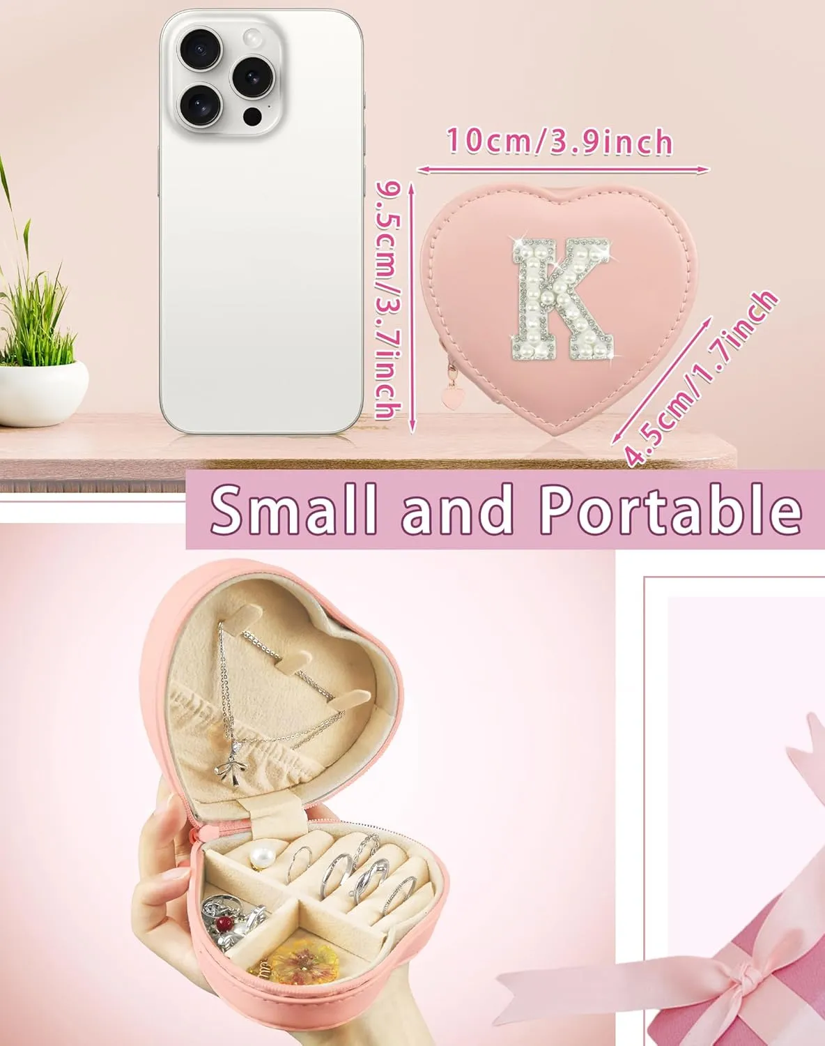 Personalized Birthday Gifts for Women Pearl Initial Small Jewelry Box Heart Shaped Travel Jewelry Case Rings Necklace Earrings Organizer Christmas Creative Gifts for Women Teen Girls Pink M