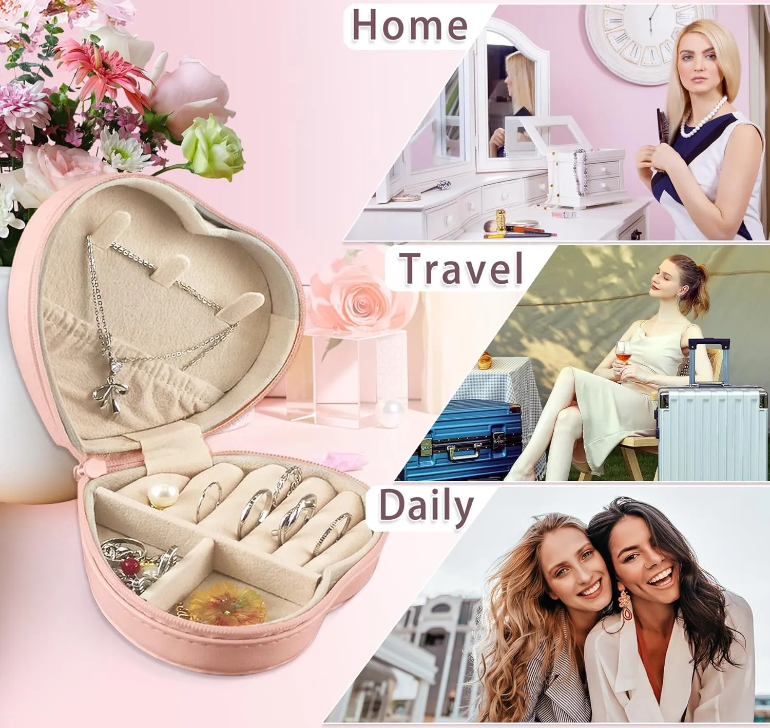 Personalized Birthday Gifts for Women Pearl Initial Small Jewelry Box Heart Shaped Travel Jewelry Case Rings Necklace Earrings Organizer Christmas Creative Gifts for Women Teen Girls Pink M