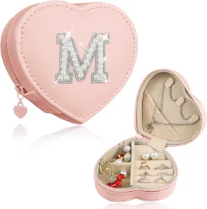 Personalized Birthday Gifts for Women Pearl Initial Small Jewelry Box Heart Shaped Travel Jewelry Case Rings Necklace Earrings Organizer Christmas Creative Gifts for Women Teen Girls Pink M