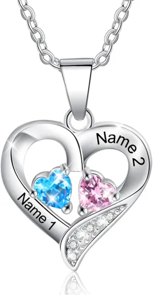 Personalized Birthstone Necklace for Women  Custom Name Necklace with 2 Stones - Mothers Day Gifts, Christmas, Birthday, Anniversaries Gift for Mom, Grandma, Wife