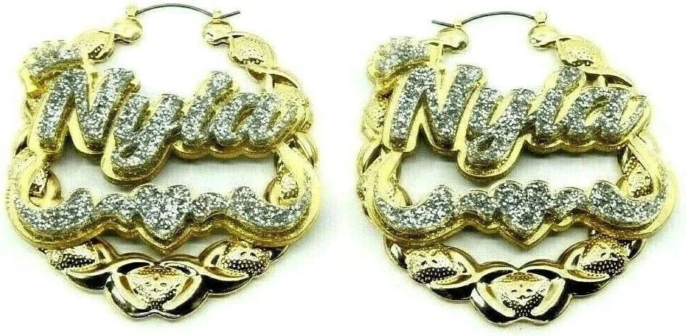 Personalized Custom Gold Hoop XOXO Earrings Name Plate Laser Cut Design Stunning Look - Quality, Attractive Gold Hoop Earrings With Swirls Heart and Crown on Top, Made To Order - 2.5 INCHES size