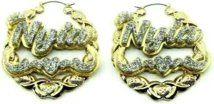 Personalized Custom Gold Hoop XOXO Earrings Name Plate Laser Cut Design Stunning Look - Quality, Attractive Gold Hoop Earrings With Swirls Heart and Crown on Top, Made To Order - 2.5 INCHES size