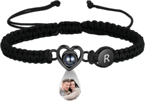 Personalized Heart Photo Projection Bracelet, Black Braided Nylon, Rhodium Plated, 7-12 inch Adjustable