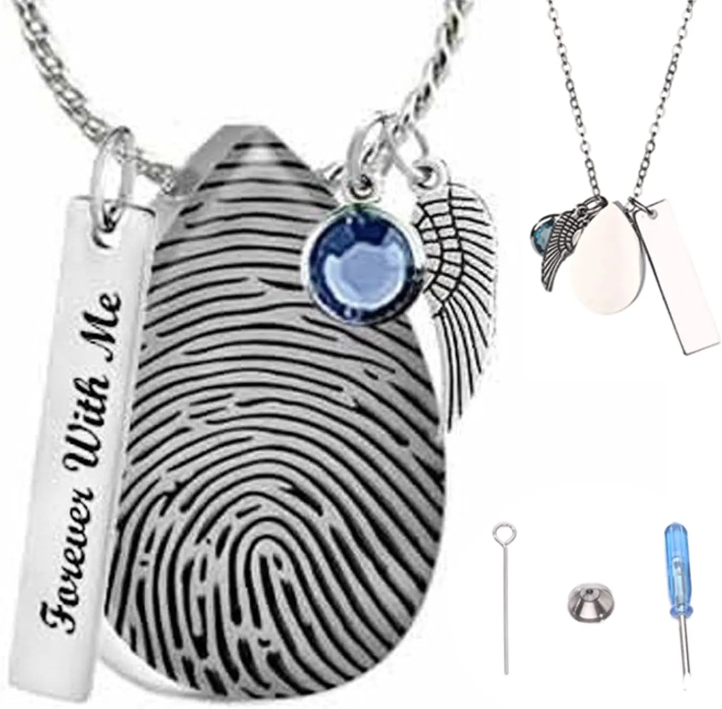 Personalized Memorial Fingerprint Teardrop Necklace With Birthstone Engraved Name Customized Letters Actual Fingerprint Oval Heart Wings Pendant Necklace Promise Anniversary Birthday Jewelry Gift for Women Men