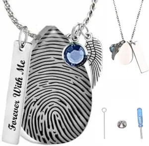 Personalized Memorial Fingerprint Teardrop Necklace With Birthstone Engraved Name Customized Letters Actual Fingerprint Oval Heart Wings Pendant Necklace Promise Anniversary Birthday Jewelry Gift for Women Men