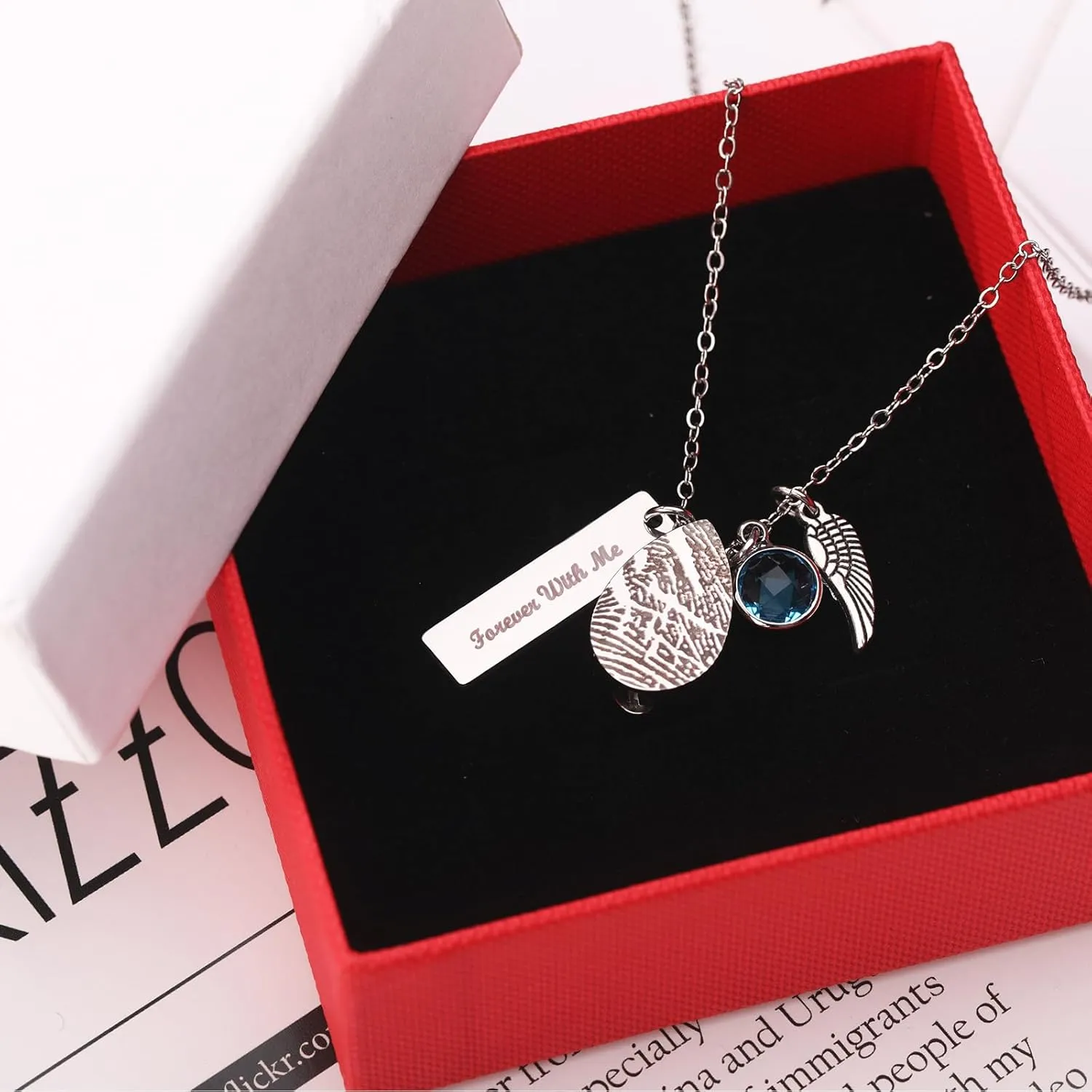 Personalized Memorial Fingerprint Teardrop Necklace With Birthstone Engraved Name Customized Letters Actual Fingerprint Oval Heart Wings Pendant Necklace Promise Anniversary Birthday Jewelry Gift for Women Men