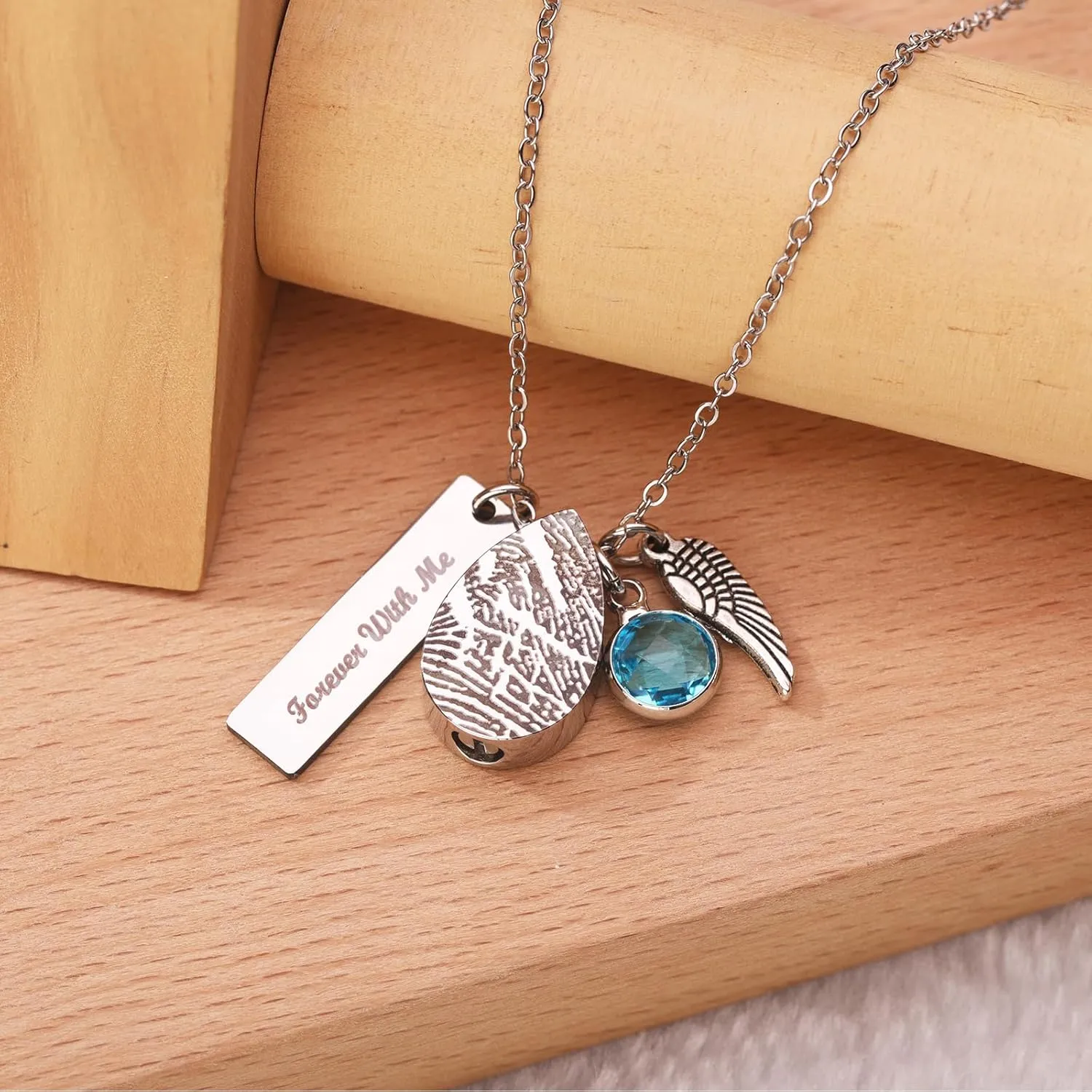 Personalized Memorial Fingerprint Teardrop Necklace With Birthstone Engraved Name Customized Letters Actual Fingerprint Oval Heart Wings Pendant Necklace Promise Anniversary Birthday Jewelry Gift for Women Men