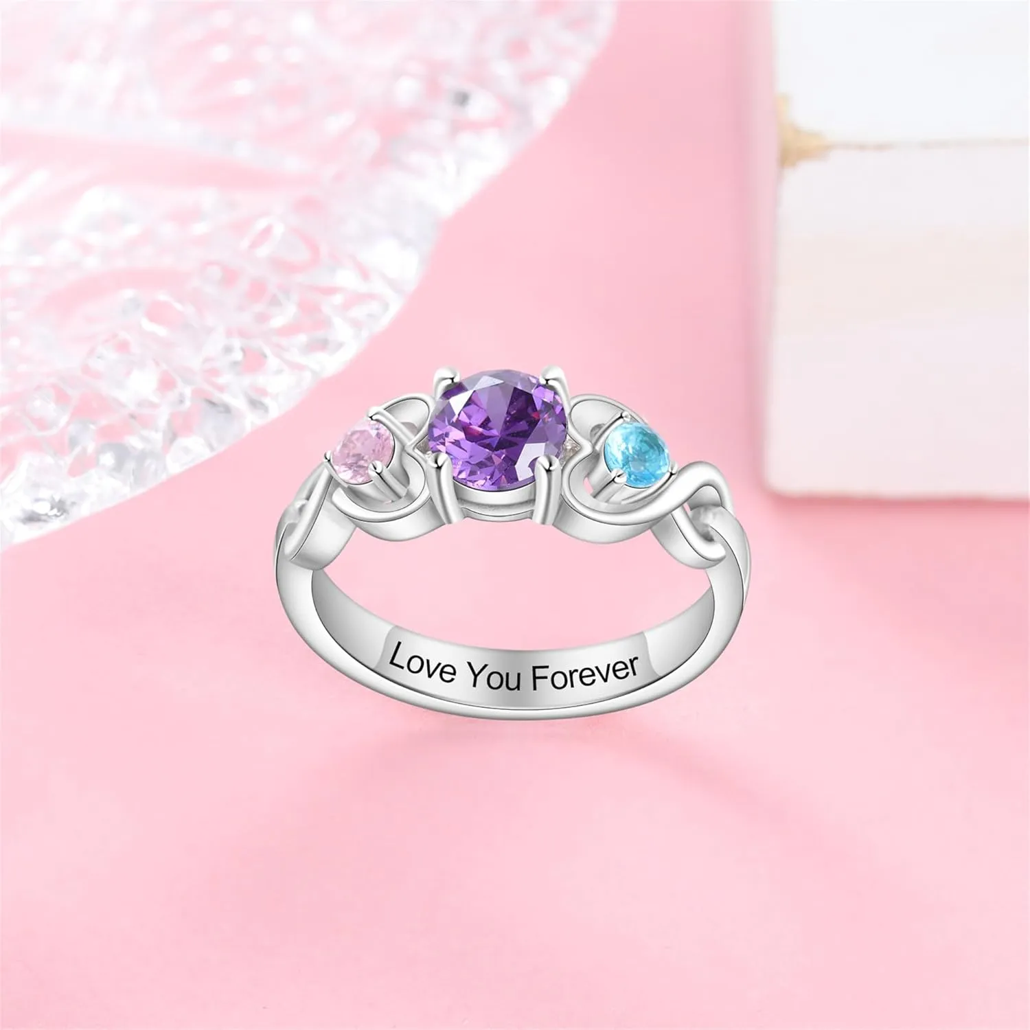 Personalized Mothers Rings with 3 Birthstones Names Engraved Sterling Silver Mom Daughter Grandma Ring Customized Anniversary Promise Rings for Grandma Wife