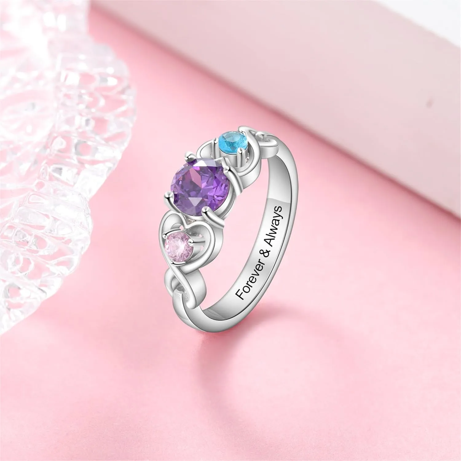 Personalized Mothers Rings with 3 Birthstones Names Engraved Sterling Silver Mom Daughter Grandma Ring Customized Anniversary Promise Rings for Grandma Wife