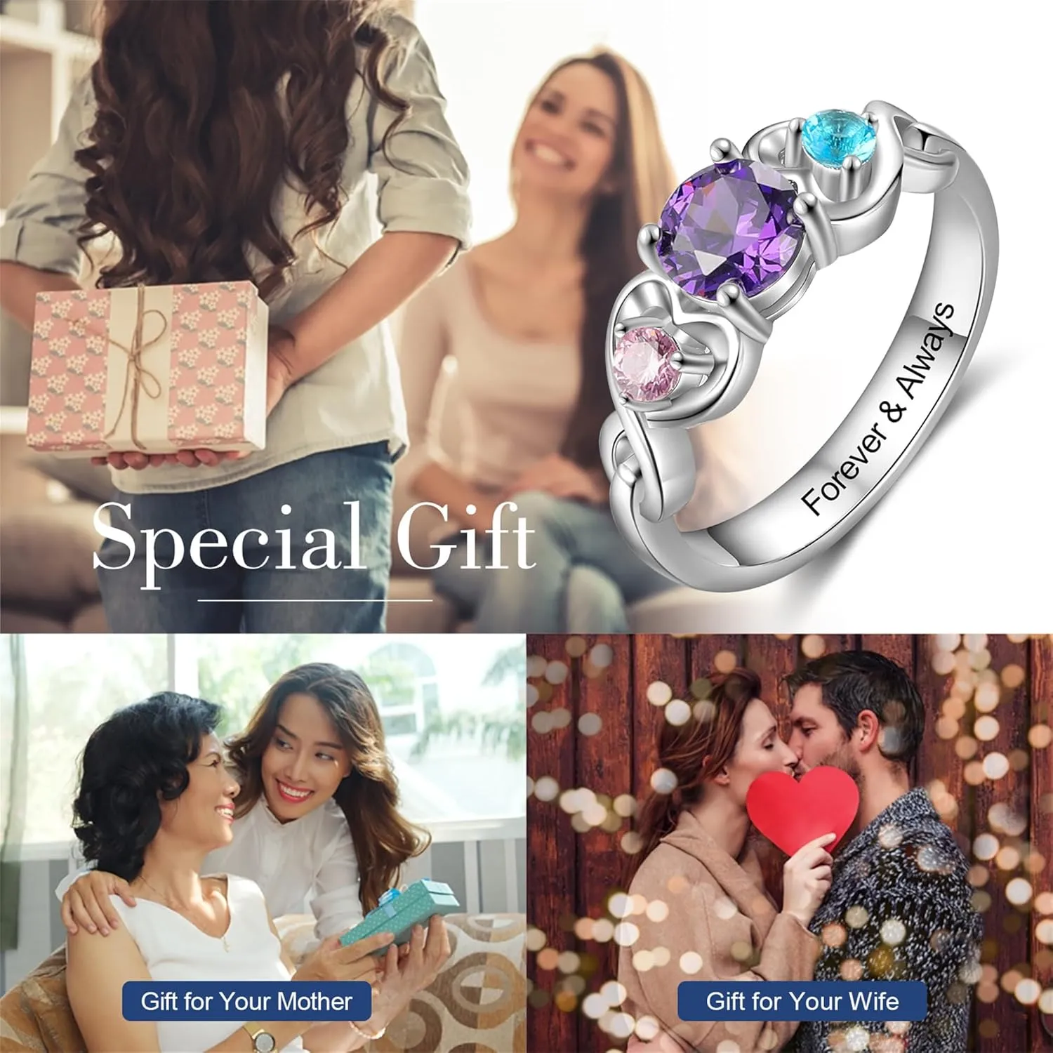 Personalized Mothers Rings with 3 Birthstones Names Engraved Sterling Silver Mom Daughter Grandma Ring Customized Anniversary Promise Rings for Grandma Wife