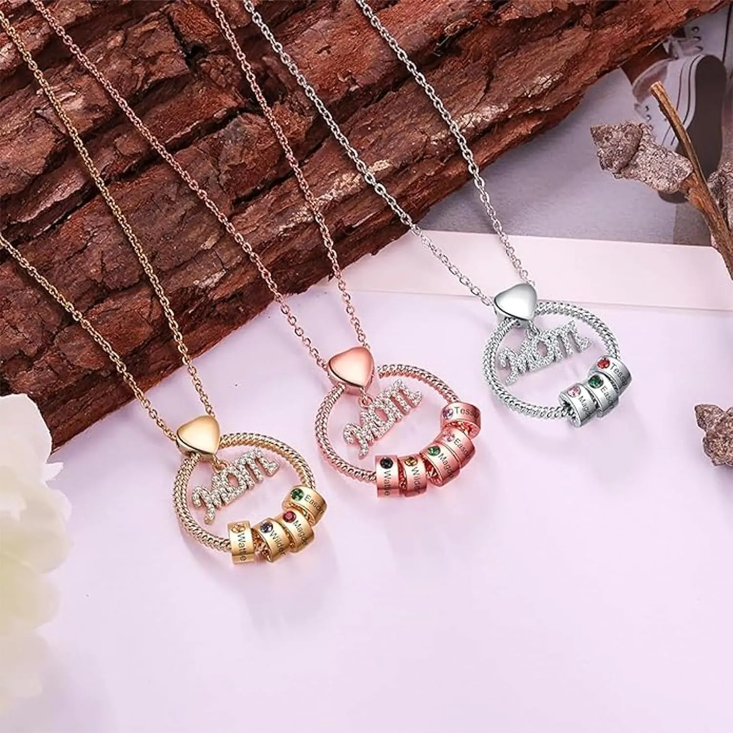 Personalized Necklaces With Kids Names,Gifts for Mom From Daughter/Son,Custom Necklace With Birthstone for Women Birthday Christmas Gifts (Rose gold MOM, 4 Birthstone)
