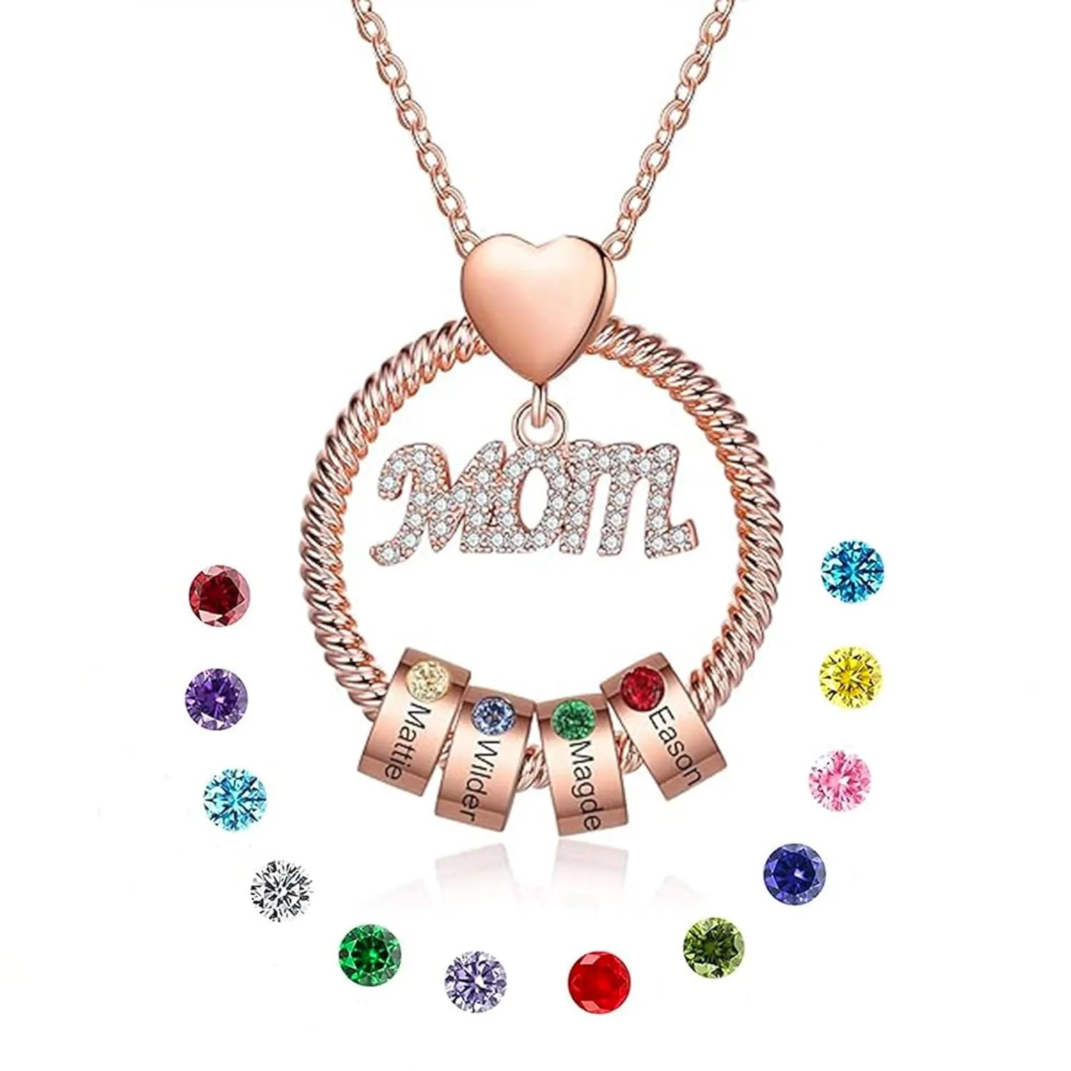 Personalized Necklaces With Kids Names,Gifts for Mom From Daughter/Son,Custom Necklace With Birthstone for Women Birthday Christmas Gifts (Rose gold MOM, 4 Birthstone)