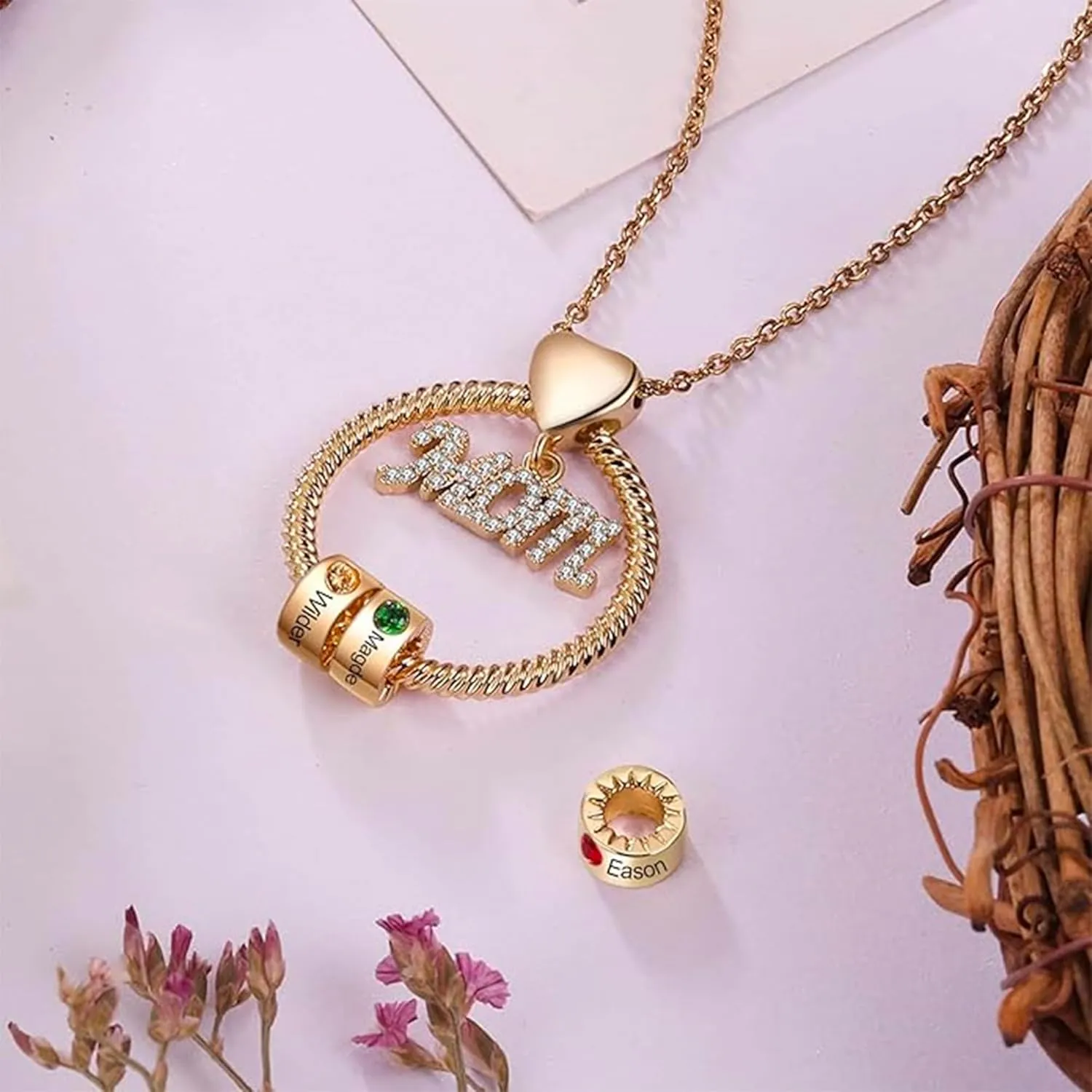 Personalized Necklaces With Kids Names,Gifts for Mom From Daughter/Son,Custom Necklace With Birthstone for Women Birthday Christmas Gifts (Rose gold MOM, 4 Birthstone)