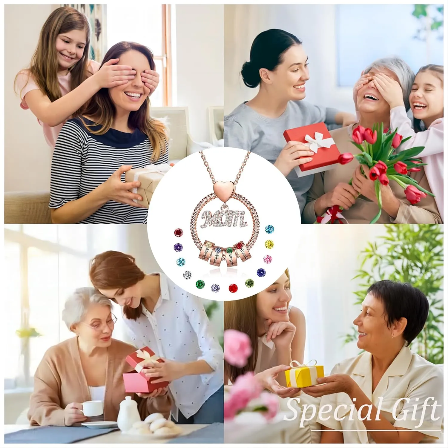 Personalized Necklaces With Kids Names,Gifts for Mom From Daughter/Son,Custom Necklace With Birthstone for Women Birthday Christmas Gifts (Rose gold MOM, 4 Birthstone)