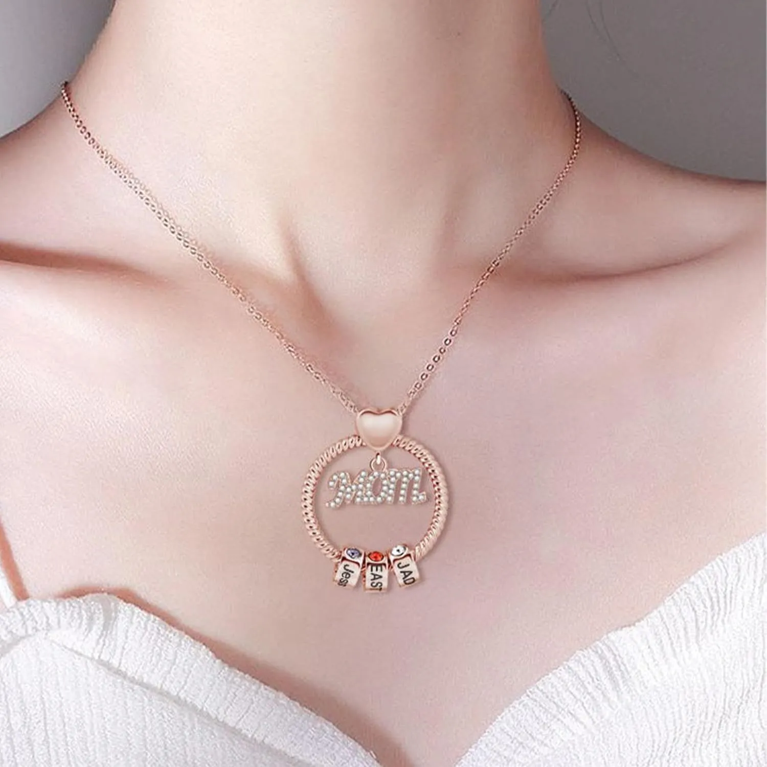 Personalized Necklaces With Kids Names,Gifts for Mom From Daughter/Son,Custom Necklace With Birthstone for Women Birthday Christmas Gifts (Rose gold MOM, 4 Birthstone)