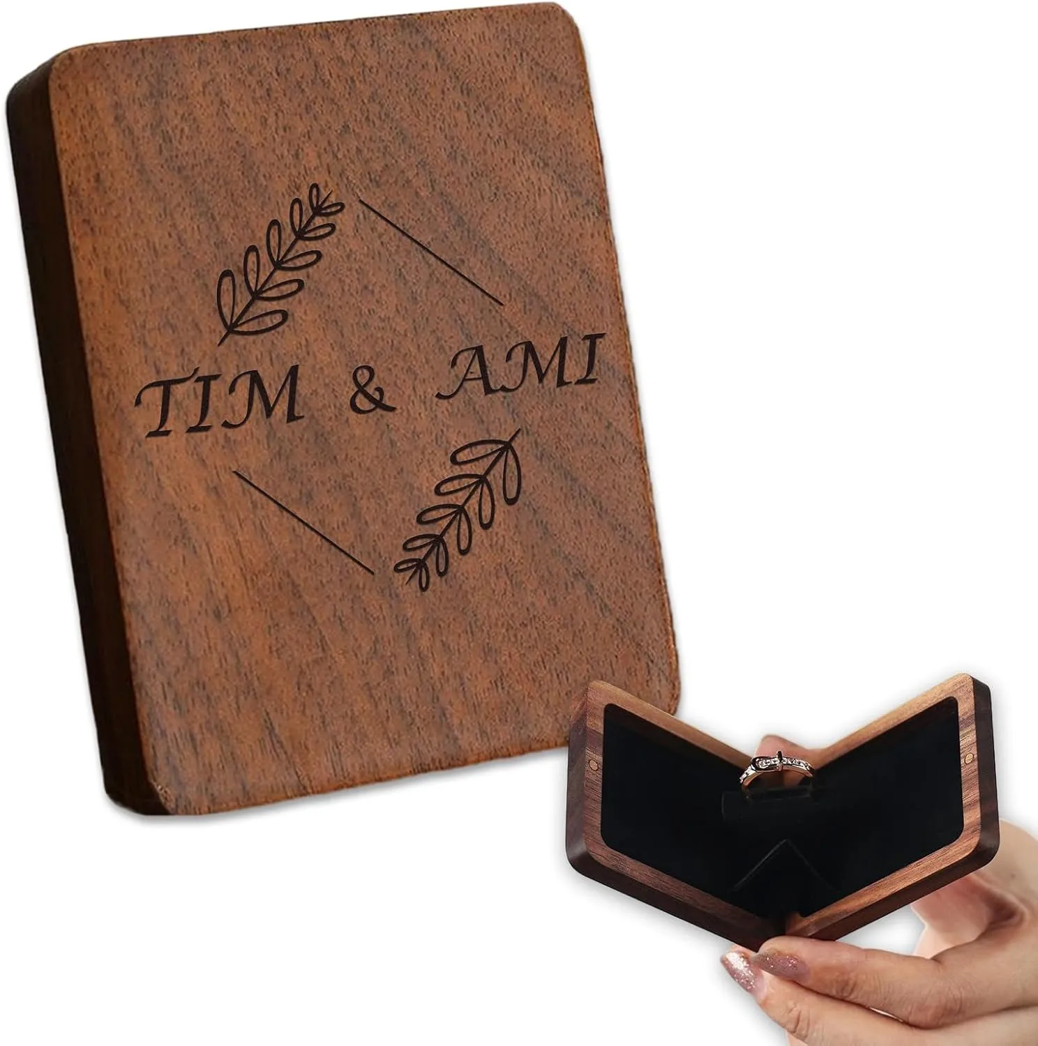Personalized Ring Box Custom Engagement Ring Box for Proposal Engraved Wooden Rotating Ring Case for Earring Brooches Jewelry Gift Boxes for Women Wedding Essentials
