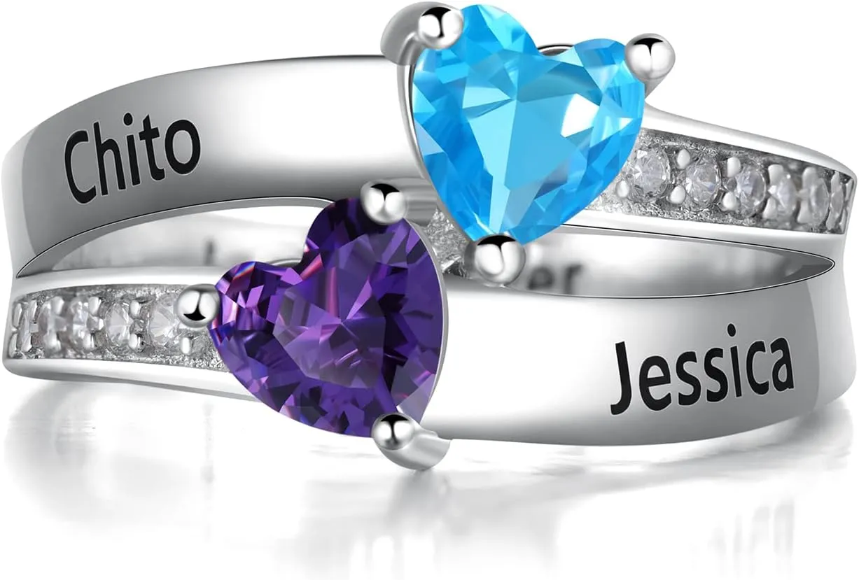 Personalized Rings for Women Couples Promise Name Rings for Her Custom Mother's Ring for 2 with Birthstone for Mom Mother's Day Gifts