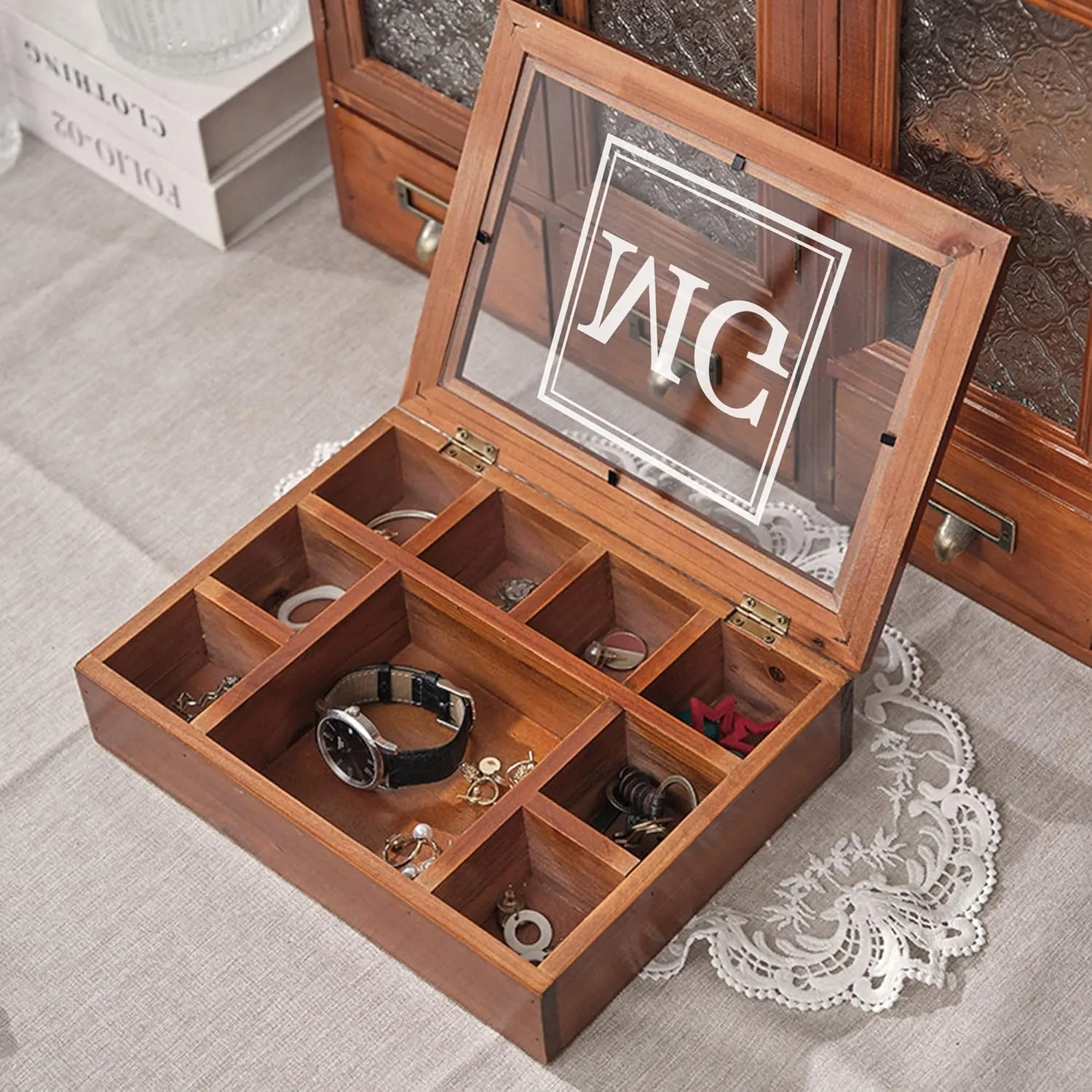 Personalized Wooden Jewelry Box Organizer for Men Custom Gifts for Dad Husband Grandpa Boyfriend Customized Watch Jewelry Storage Box with Initial Name, Gifts for Fathers Day Birthday Anniversary