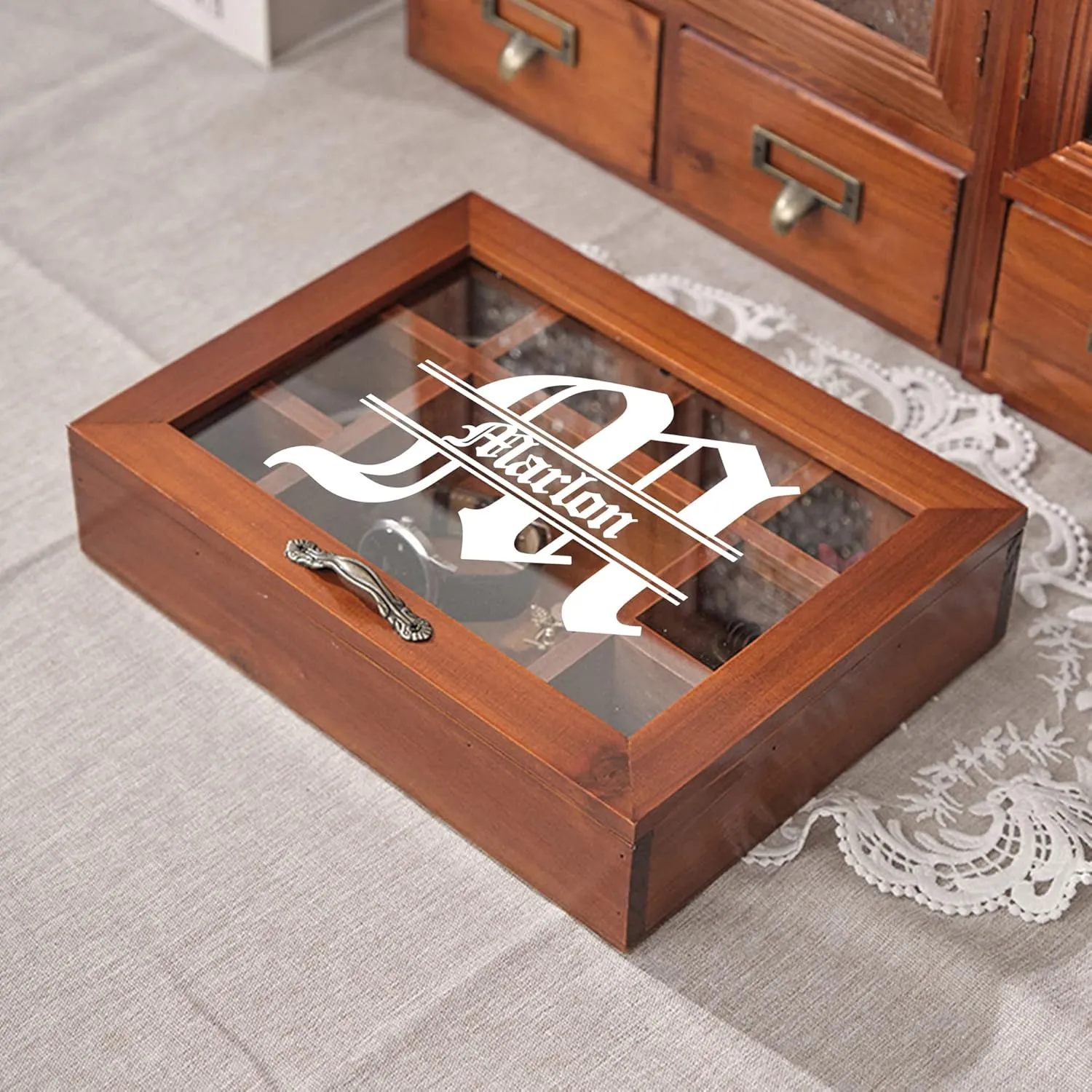 Personalized Wooden Jewelry Box Organizer for Men Custom Gifts for Dad Husband Grandpa Boyfriend Customized Watch Jewelry Storage Box with Initial Name, Gifts for Fathers Day Birthday Anniversary