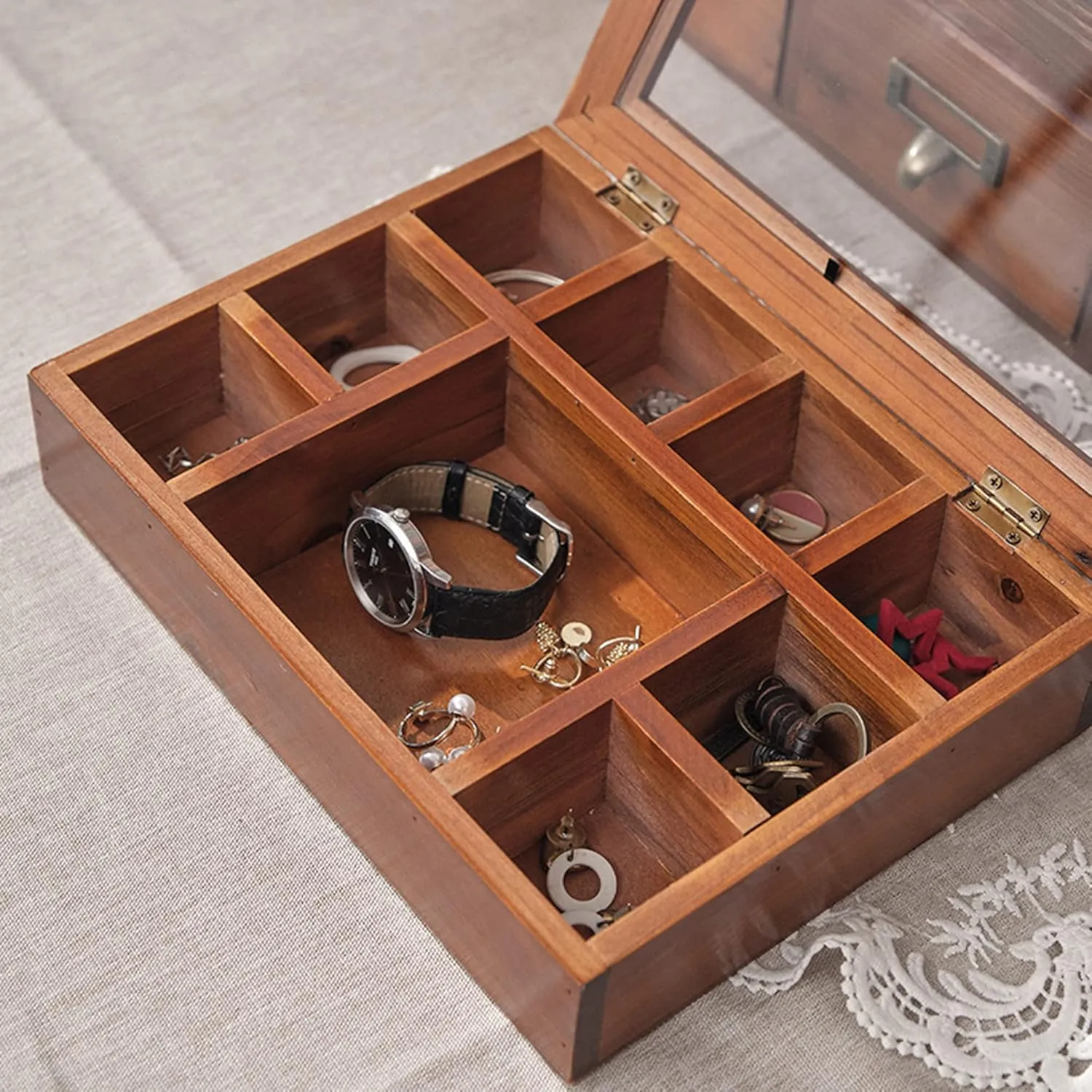 Personalized Wooden Jewelry Box Organizer for Men Custom Gifts for Dad Husband Grandpa Boyfriend Customized Watch Jewelry Storage Box with Initial Name, Gifts for Fathers Day Birthday Anniversary