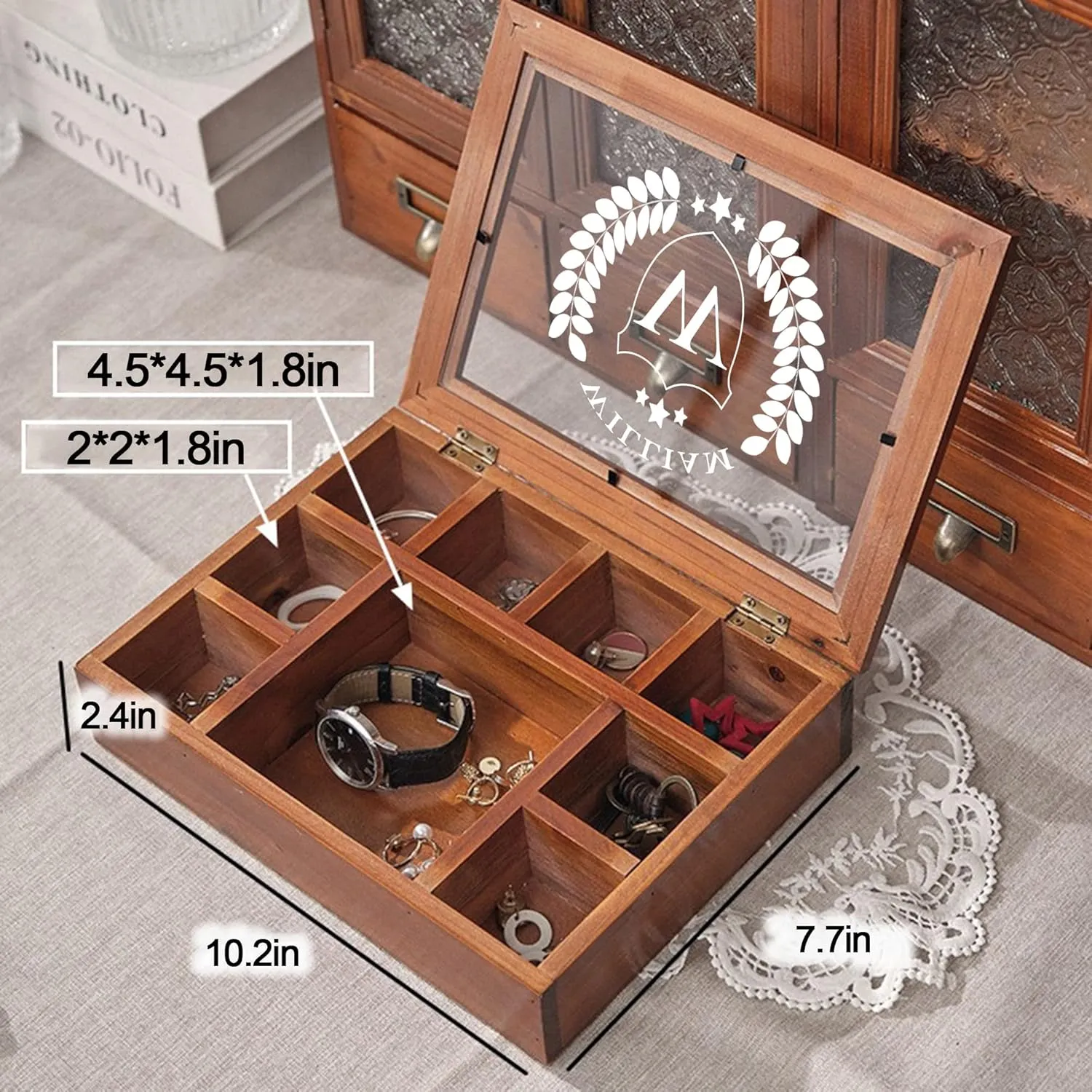 Personalized Wooden Jewelry Box Organizer for Men Custom Gifts for Dad Husband Grandpa Boyfriend Customized Watch Jewelry Storage Box with Initial Name, Gifts for Fathers Day Birthday Anniversary
