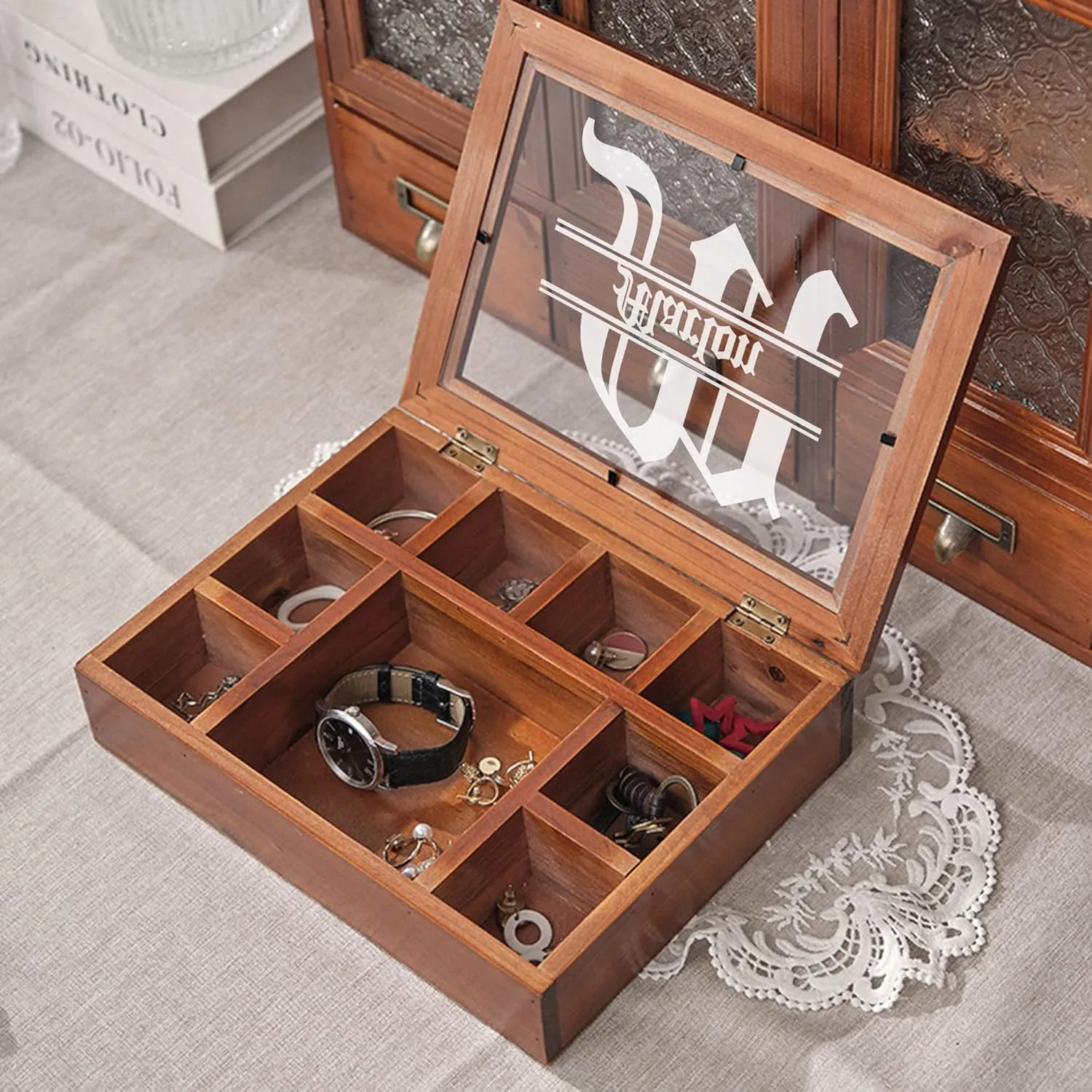 Personalized Wooden Jewelry Box Organizer for Men Custom Gifts for Dad Husband Grandpa Boyfriend Customized Watch Jewelry Storage Box with Initial Name, Gifts for Fathers Day Birthday Anniversary