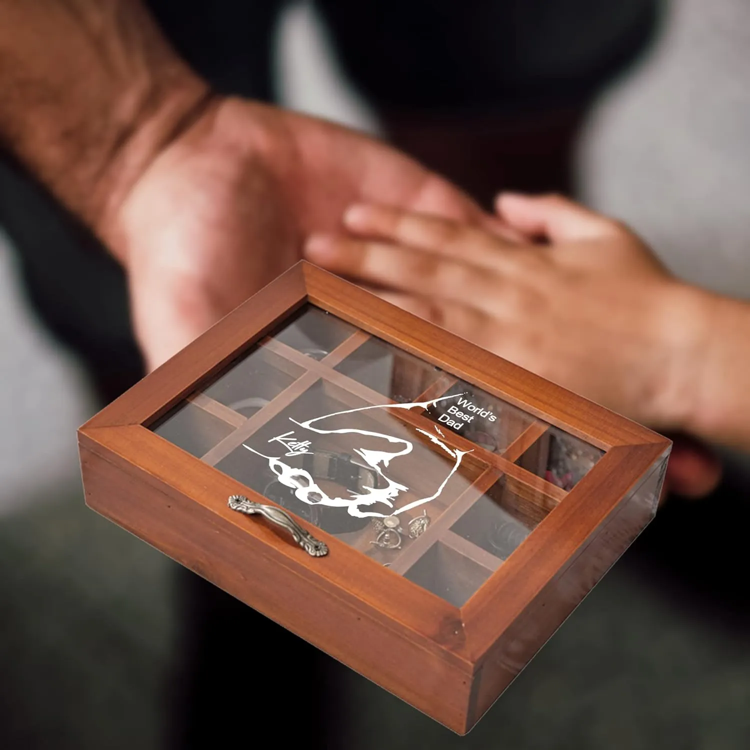 Personalized Wooden Jewelry Box Organizer for Men Custom Gifts for Dad Husband Grandpa Boyfriend Customized Watch Jewelry Storage Box with Initial Name, Gifts for Fathers Day Birthday Anniversary