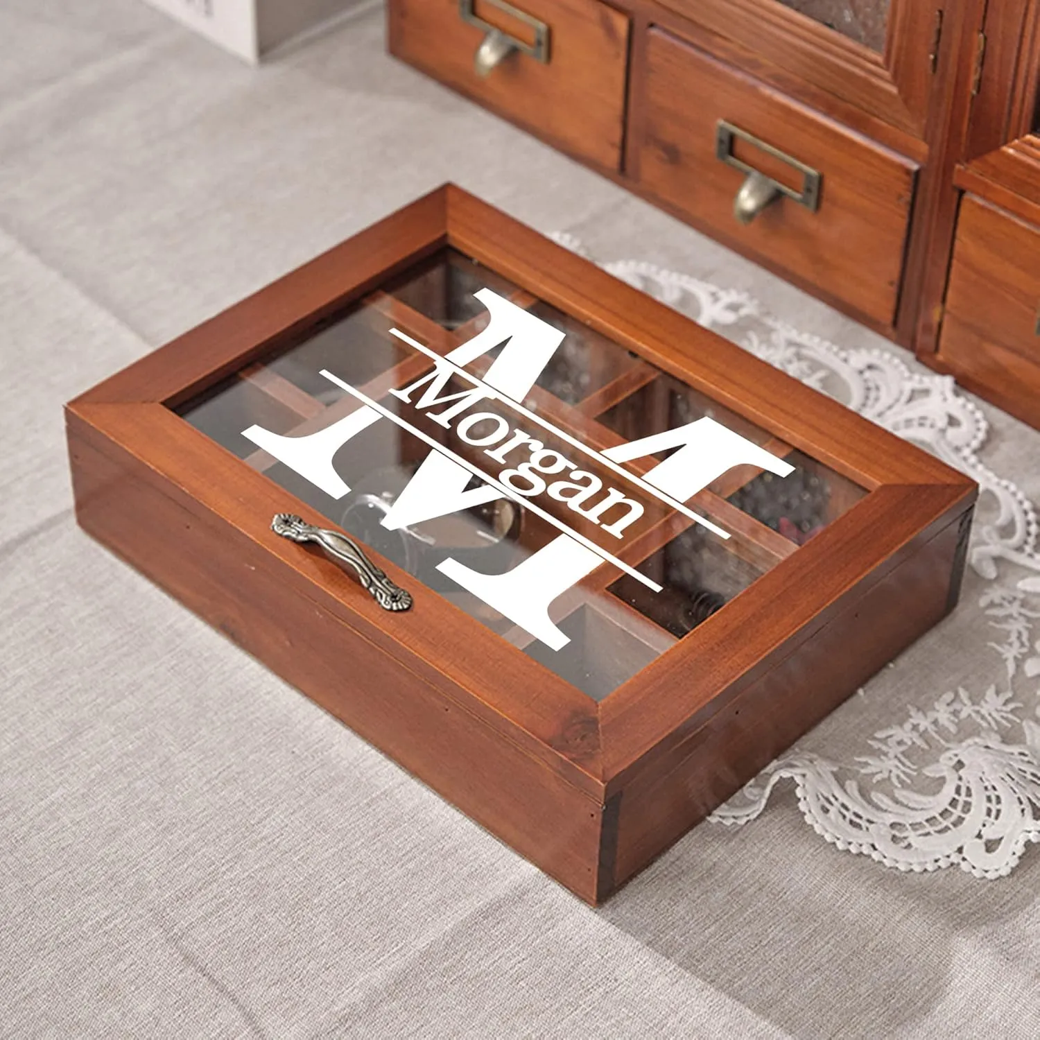 Personalized Wooden Jewelry Box Organizer for Men Custom Gifts for Dad Husband Grandpa Boyfriend Customized Watch Jewelry Storage Box with Initial Name, Gifts for Fathers Day Birthday Anniversary