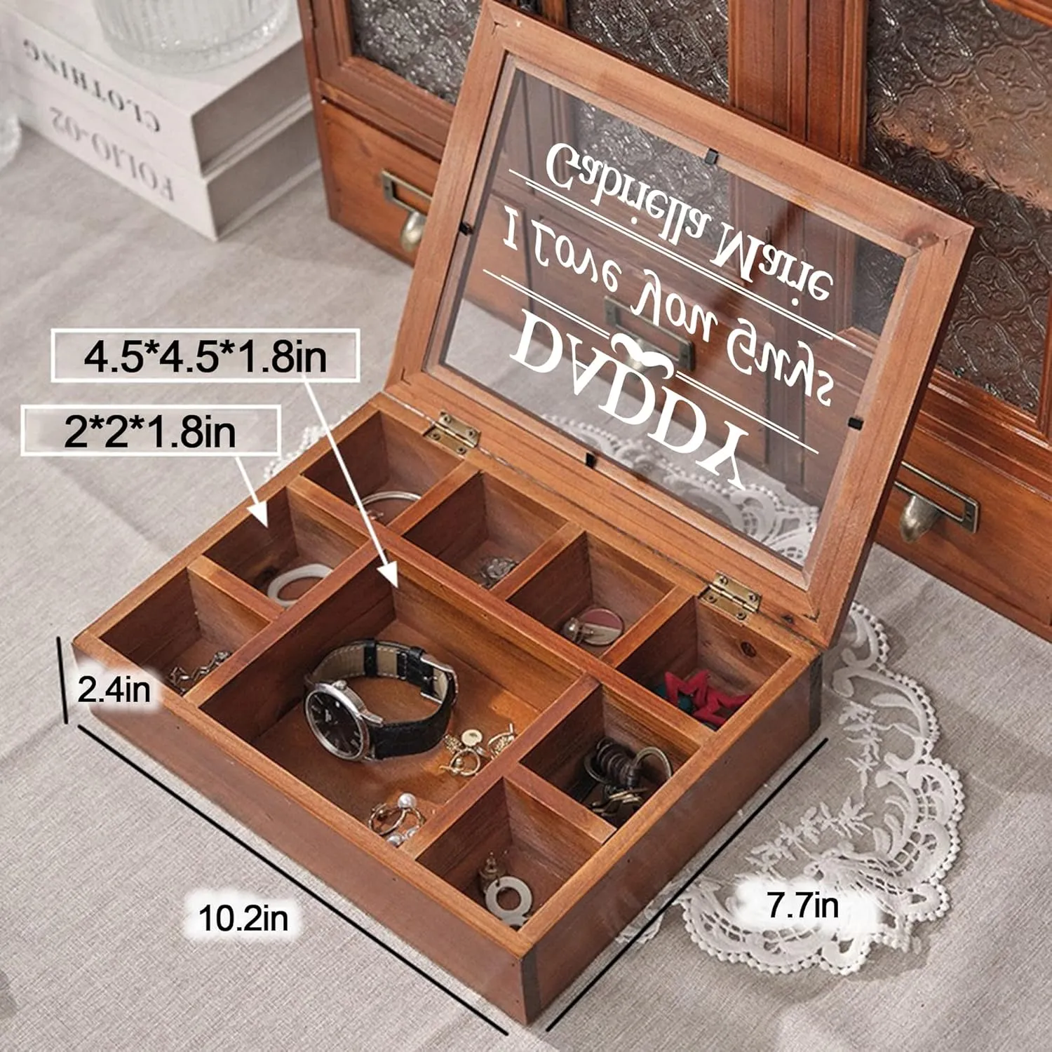 Personalized Wooden Jewelry Box Organizer for Men Custom Gifts for Dad Husband Grandpa Boyfriend Customized Watch Jewelry Storage Box with Initial Name, Gifts for Fathers Day Birthday Anniversary