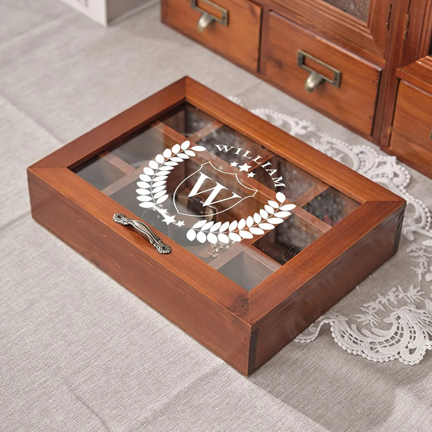 Personalized Wooden Jewelry Box Organizer for Men Custom Gifts for Dad Husband Grandpa Boyfriend Customized Watch Jewelry Storage Box with Initial Name, Gifts for Fathers Day Birthday Anniversary