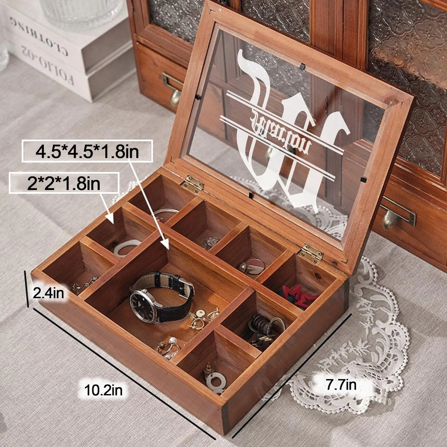 Personalized Wooden Jewelry Box Organizer for Men Custom Gifts for Dad Husband Grandpa Boyfriend Customized Watch Jewelry Storage Box with Initial Name, Gifts for Fathers Day Birthday Anniversary