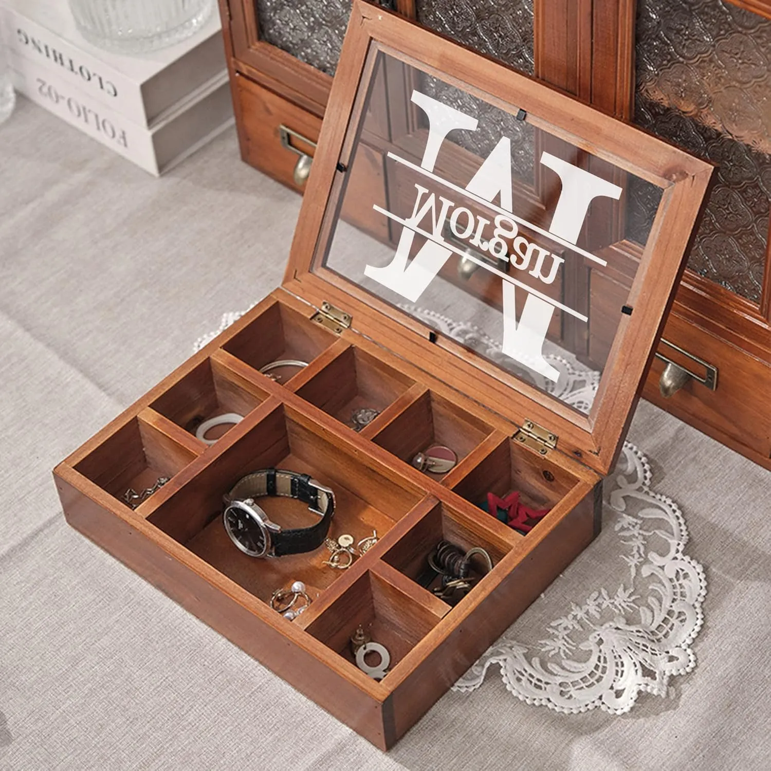Personalized Wooden Jewelry Box Organizer for Men Custom Gifts for Dad Husband Grandpa Boyfriend Customized Watch Jewelry Storage Box with Initial Name, Gifts for Fathers Day Birthday Anniversary