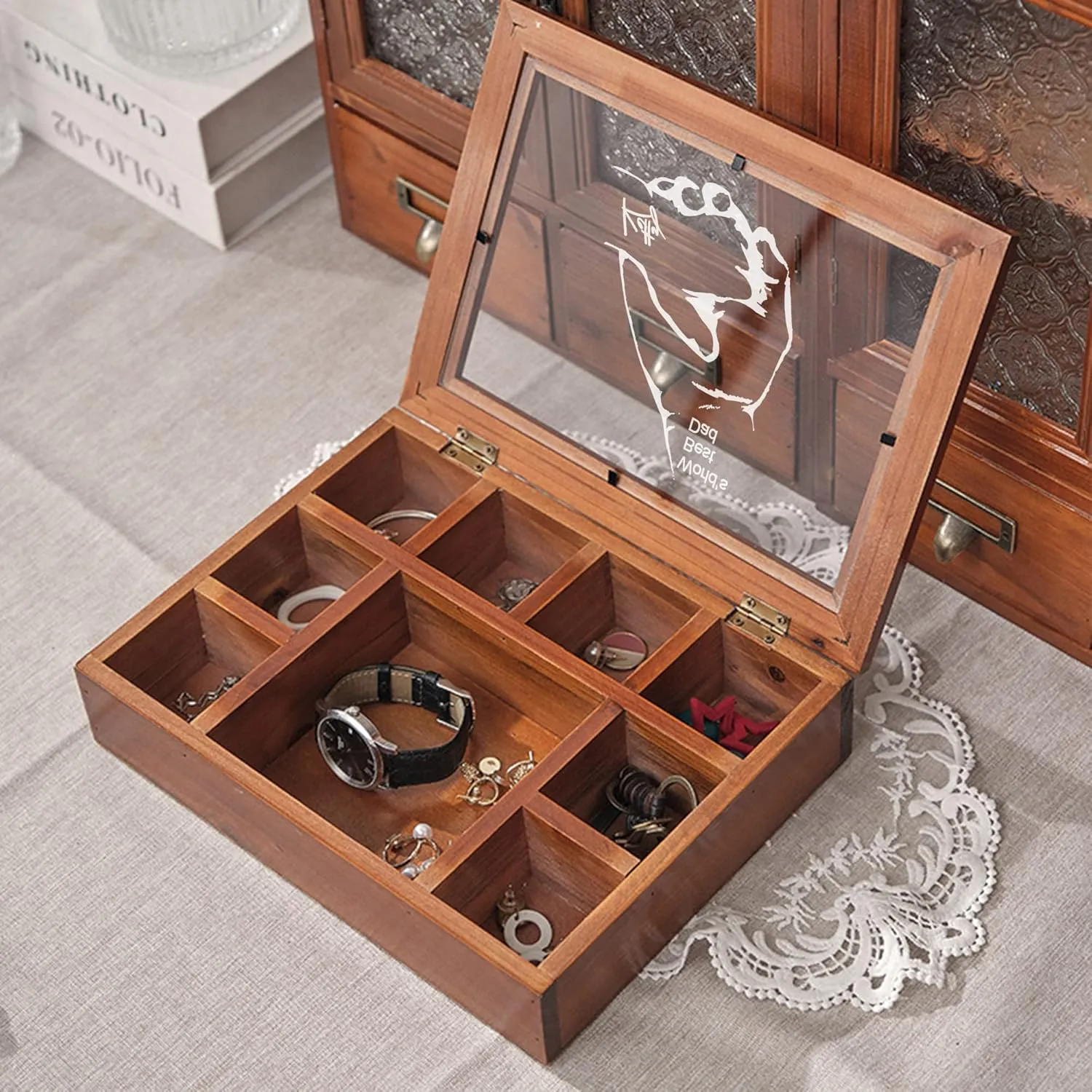 Personalized Wooden Jewelry Box Organizer for Men Custom Gifts for Dad Husband Grandpa Boyfriend Customized Watch Jewelry Storage Box with Initial Name, Gifts for Fathers Day Birthday Anniversary