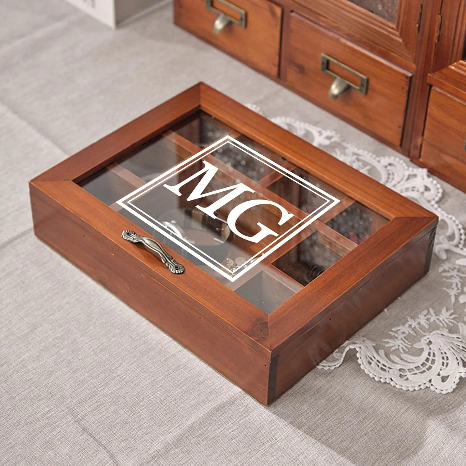Personalized Wooden Jewelry Box Organizer for Men Custom Gifts for Dad Husband Grandpa Boyfriend Customized Watch Jewelry Storage Box with Initial Name, Gifts for Fathers Day Birthday Anniversary