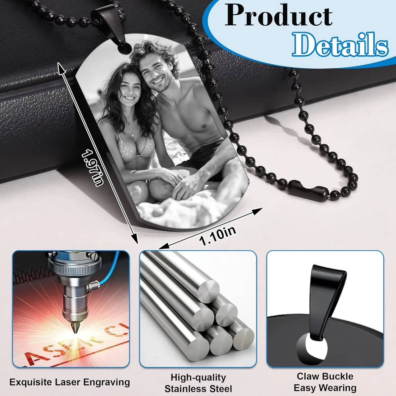 Picture Necklace Personalized Photo for Men - Custom Engraved Photo & Text Dog Tag Pendant for Boyfriend, Husband, Dad - Birthday, Valentine's Day, Fathers Day Gift